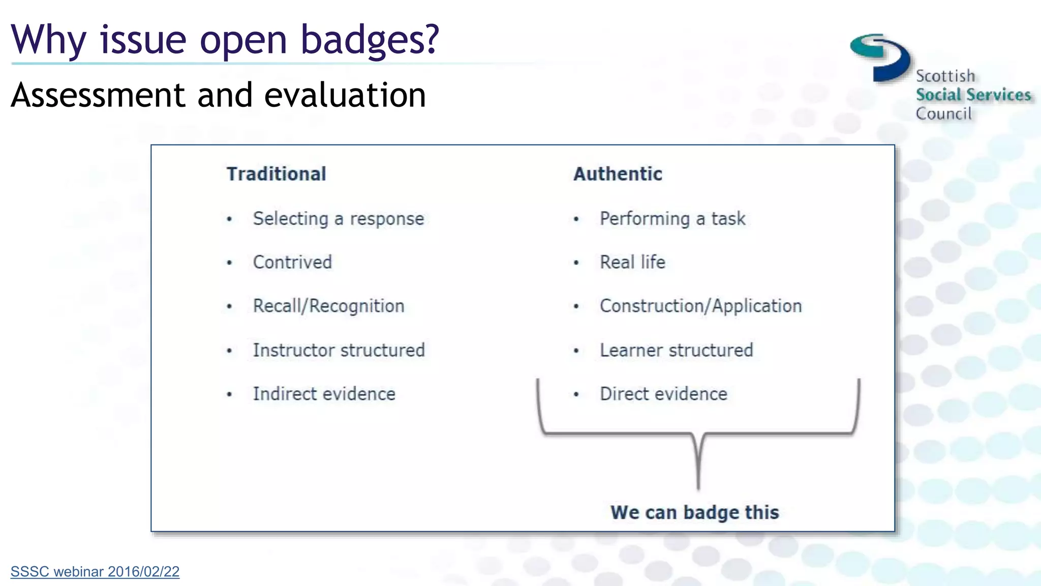 Assessment and evaluation
Why issue open badges?
SSSC webinar 2016/02/22
 
