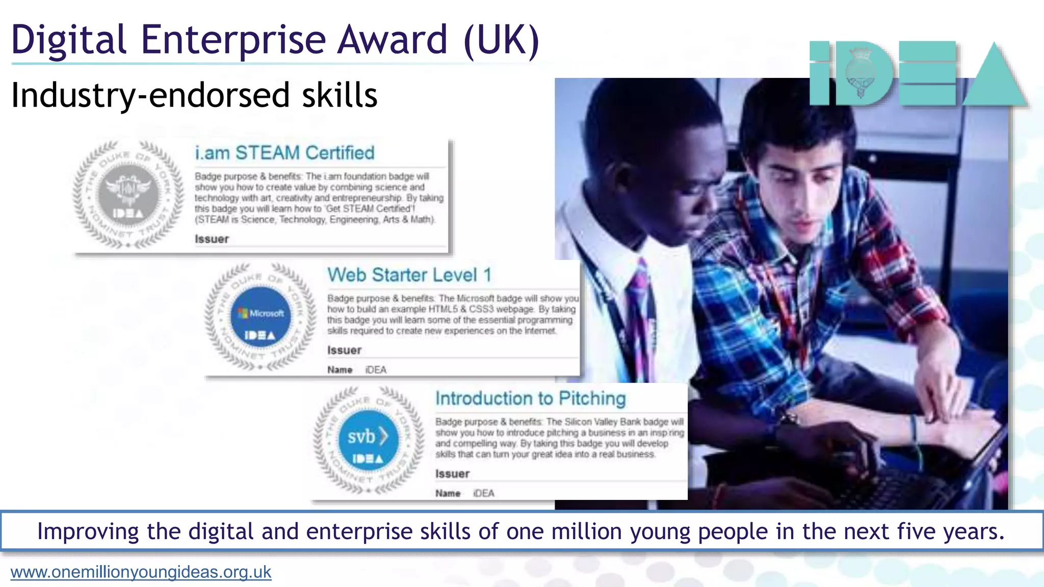 Industry-endorsed skills
Digital Enterprise Award (UK)
www.onemillionyoungideas.org.uk
Improving the digital and enterprise skills of one million young people in the next five years.
 