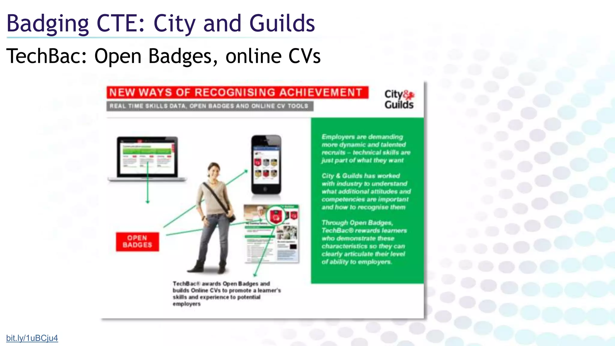 TechBac: Open Badges, online CVs
Badging CTE: City and Guilds
bit.ly/1uBCju4
 