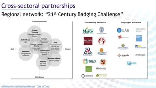Regional network: “21st Century Badging Challenge”
Cross-sectoral partnerships
eddesignlab.org/badgingchallenge/ * see p21.org
 