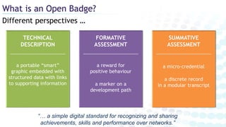SUMMATIVE
ASSESSMENT
a micro-credential
a discrete record
in a modular transcript
TECHNICAL
DESCRIPTION
a portable “smart”
graphic embedded with
structured data with links
to supporting information
Different perspectives …
What is an Open Badge?
FORMATIVE
ASSESSMENT
a reward for
positive behaviour
a marker on a
development path
“… a simple digital standard for recognizing and sharing
achievements, skills and performance over networks.”
 