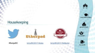 #BadgeBC bit.ly/BC2017-Reflectorbit.ly/BC2017-Notes
K - 12
post-secondary
government
non-profit
for-profit
Housekeeping
 