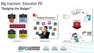 viflearn.com
“Badging the Badger”
Big traction: Educator PD
digitalpromise.org
pdln.com
educause.edu
 