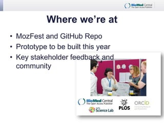 Where we’re at
• MozFest and GitHub Repo
• Prototype to be built this year
• Key stakeholder feedback and
community