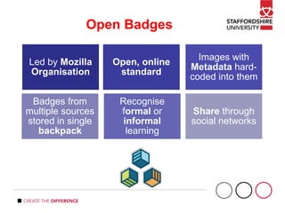 Open Badges
Led by Mozilla
Organisation
Open, online
standard
Images with
Metadata hard-
coded into them
Recognise
formal or
informal
learning
Badges from
multiple sources
stored in single
backpack
Share through
social networks
 