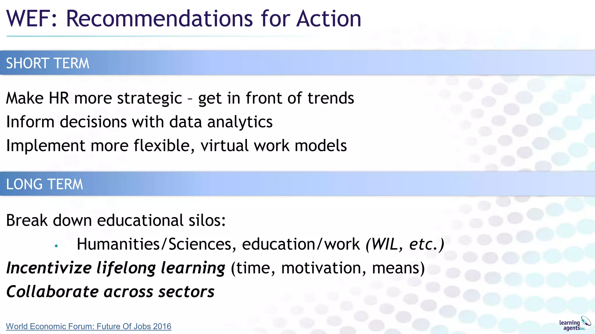 WEF: Recommendations for Action
Make HR more strategic – get in front of trends
Inform decisions with data analytics
Implement more flexible, virtual work models
World Economic Forum: Future Of Jobs 2016
SHORT TERM
LONG TERM
Break down educational silos:
• Humanities/Sciences, education/work (WIL, etc.)
Incentivize lifelong learning (time, motivation, means)
Collaborate across sectors
 