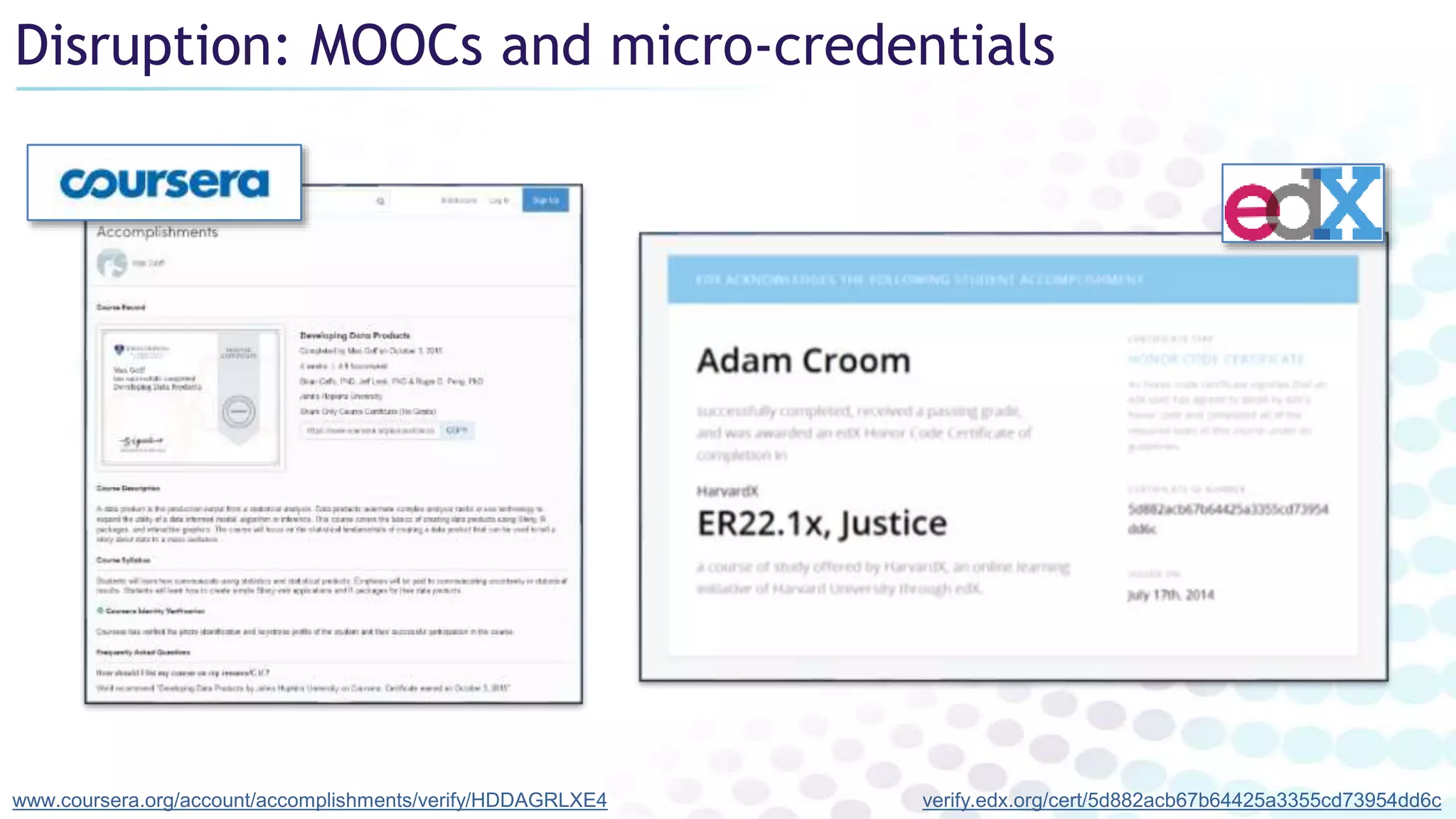 www.coursera.org/account/accomplishments/verify/HDDAGRLXE4 verify.edx.org/cert/5d882acb67b64425a3355cd73954dd6c
Disruption: MOOCs and micro-credentials
 