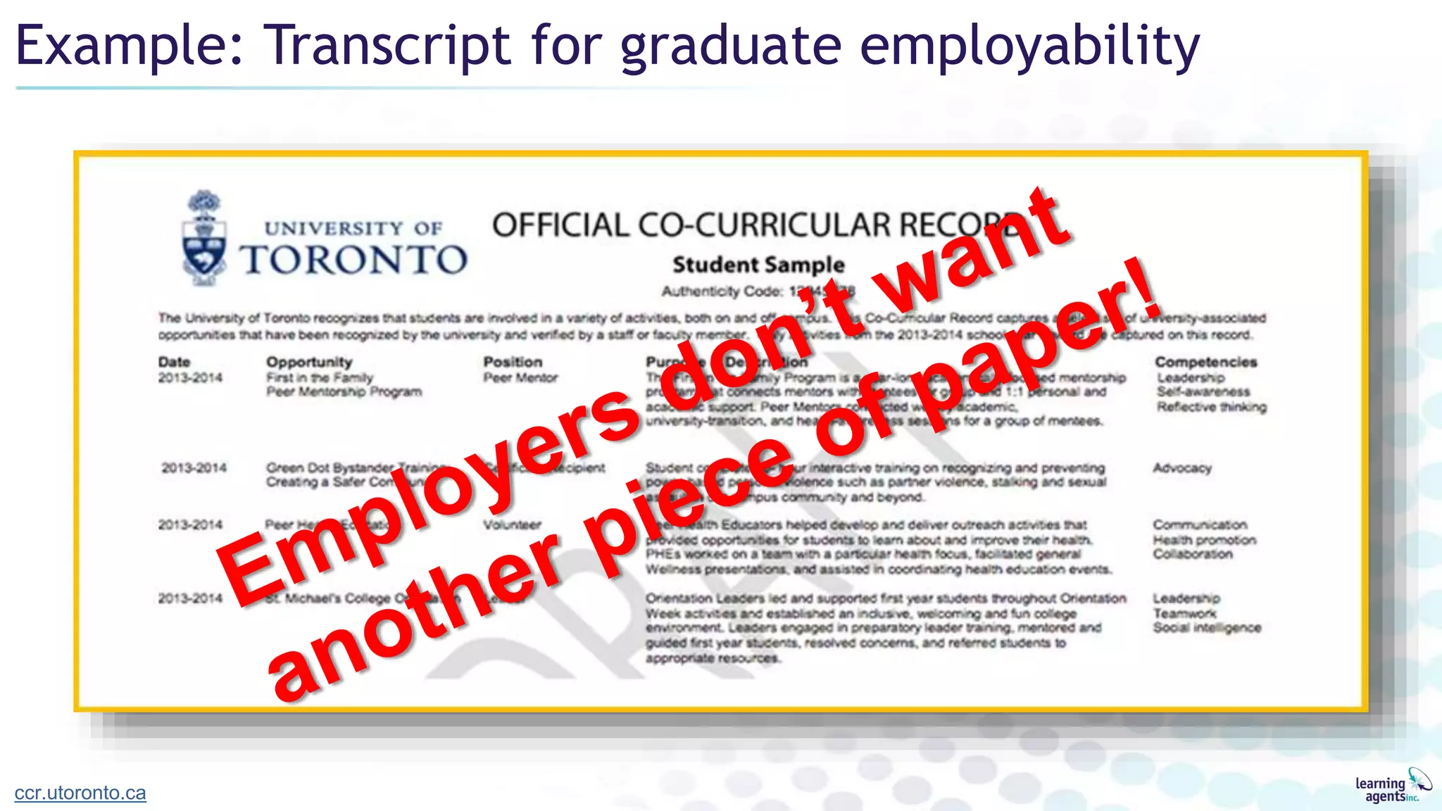 Example: Transcript for graduate employability
ccr.utoronto.ca
 