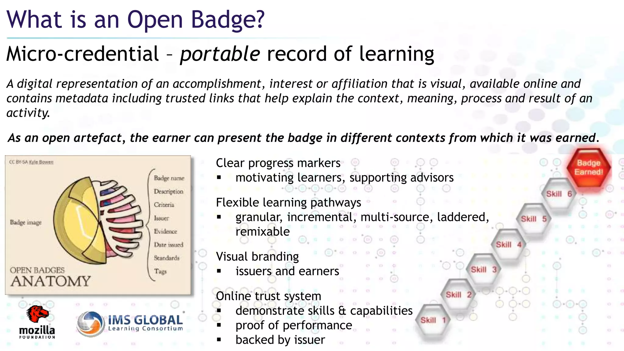 Clear progress markers
 motivating learners, supporting advisors
Flexible learning pathways
 granular, incremental, multi-source, laddered,
remixable
Visual branding
 issuers and earners
Online trust system
 demonstrate skills & capabilities
 proof of performance
 backed by issuer
A digital representation of an accomplishment, interest or affiliation that is visual, available online and
contains metadata including trusted links that help explain the context, meaning, process and result of an
activity.
As an open artefact, the earner can present the badge in different contexts from which it was earned.
Micro-credential – portable record of learning
What is an Open Badge?
 