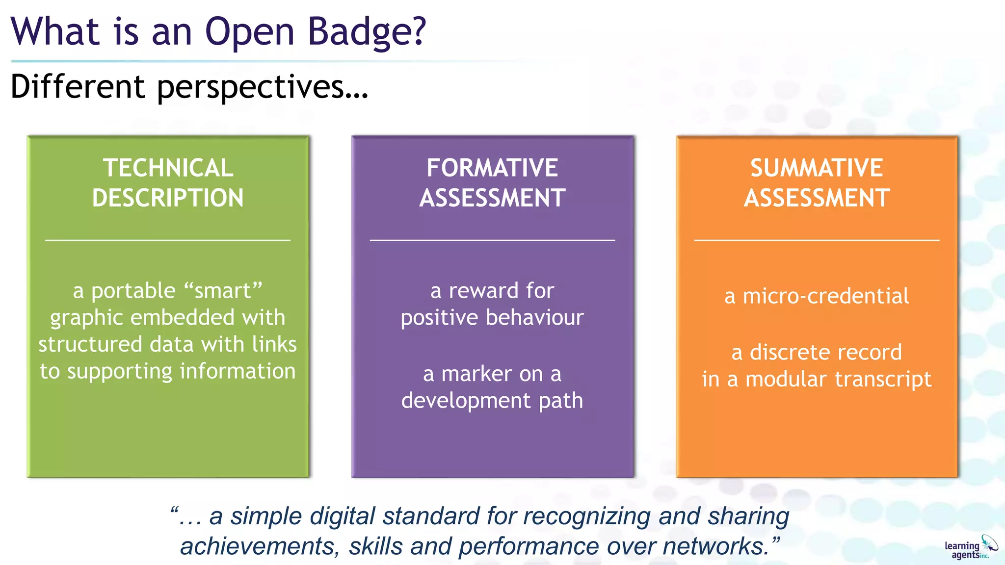 SUMMATIVE
ASSESSMENT
a micro-credential
a discrete record
in a modular transcript
TECHNICAL
DESCRIPTION
a portable “smart”
graphic embedded with
structured data with links
to supporting information
Different perspectives…
What is an Open Badge?
FORMATIVE
ASSESSMENT
a reward for
positive behaviour
a marker on a
development path
“… a simple digital standard for recognizing and sharing
achievements, skills and performance over networks.”
 