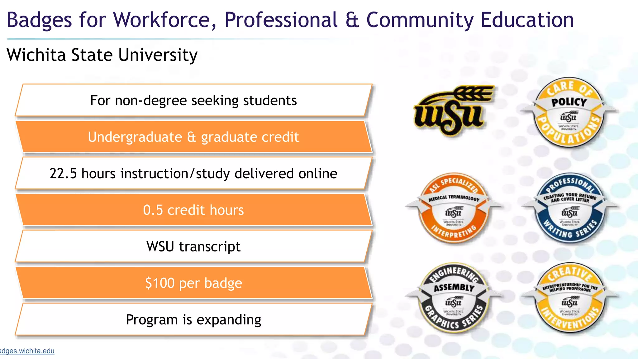 Wichita State University
Badges for Workforce, Professional & Community Education
For non-degree seeking students
adges.wichita.edu
Undergraduate & graduate credit
22.5 hours instruction/study delivered online
0.5 credit hours
WSU transcript
$100 per badge
Program is expanding
 