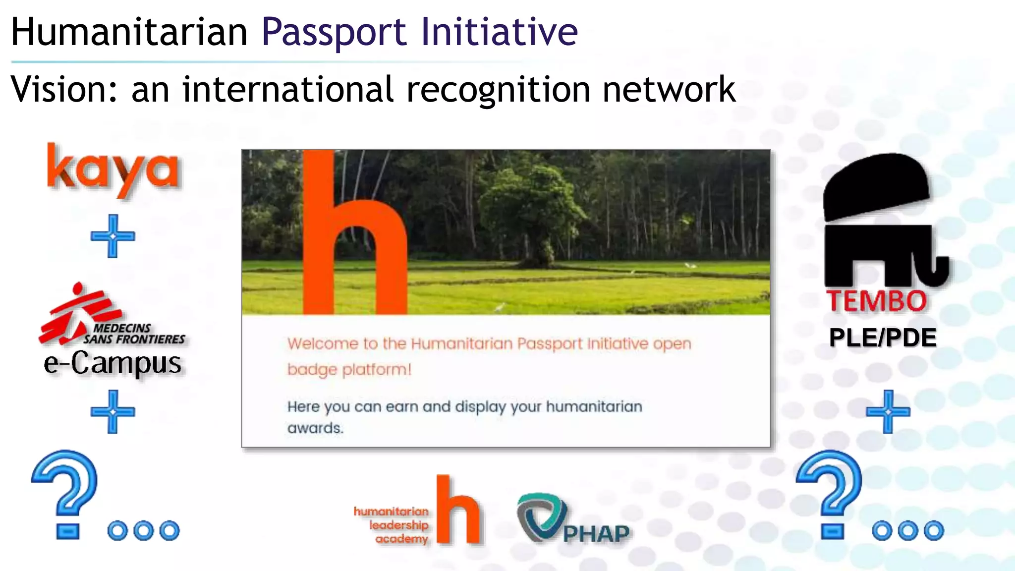 Humanitarian Passport Initiative
Vision: an international recognition network
PLE/PDE
 