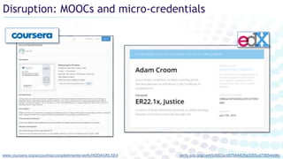 www.coursera.org/account/accomplishments/verify/HDDAGRLXE4 verify.edx.org/cert/5d882acb67b64425a3355cd73954dd6c
Disruption: MOOCs and micro-credentials
 