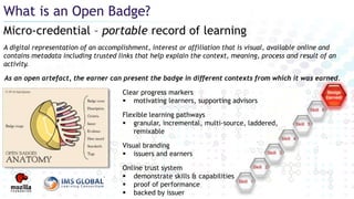 Clear progress markers
 motivating learners, supporting advisors
Flexible learning pathways
 granular, incremental, multi-source, laddered,
remixable
Visual branding
 issuers and earners
Online trust system
 demonstrate skills & capabilities
 proof of performance
 backed by issuer
A digital representation of an accomplishment, interest or affiliation that is visual, available online and
contains metadata including trusted links that help explain the context, meaning, process and result of an
activity.
As an open artefact, the earner can present the badge in different contexts from which it was earned.
Micro-credential – portable record of learning
What is an Open Badge?
 