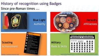 Scouting
Achievement
Heraldry
Affiliations
Blue Light
Authority
Military
Rank & Skills
www.britishbadgeforum.com/forums/showthread.php?t=7253
metronews.ca/
History of recognition using Badges
Since pre-Roman times ...
Badge Tracking Android App
 