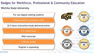 Wichita State University
Badges for Workforce, Professional & Community Education
For non-degree seeking students
adges.wichita.edu
Undergraduate & graduate credit
22.5 hours instruction/study delivered online
0.5 credit hours
WSU transcript
$100 per badge
Program is expanding
 