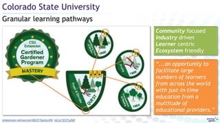 Granular learning pathways
Colorado State University
Community focused
Industry driven
Learner centric
Ecosystem friendly
slideshare.net/secret/xBjQY3Ipdsc06l bit.ly/1E0TqAM
“...an opportunity to
facilitate large
numbers of learners
from across the world
with just-in-time
education from a
multitude of
educational providers.”
 