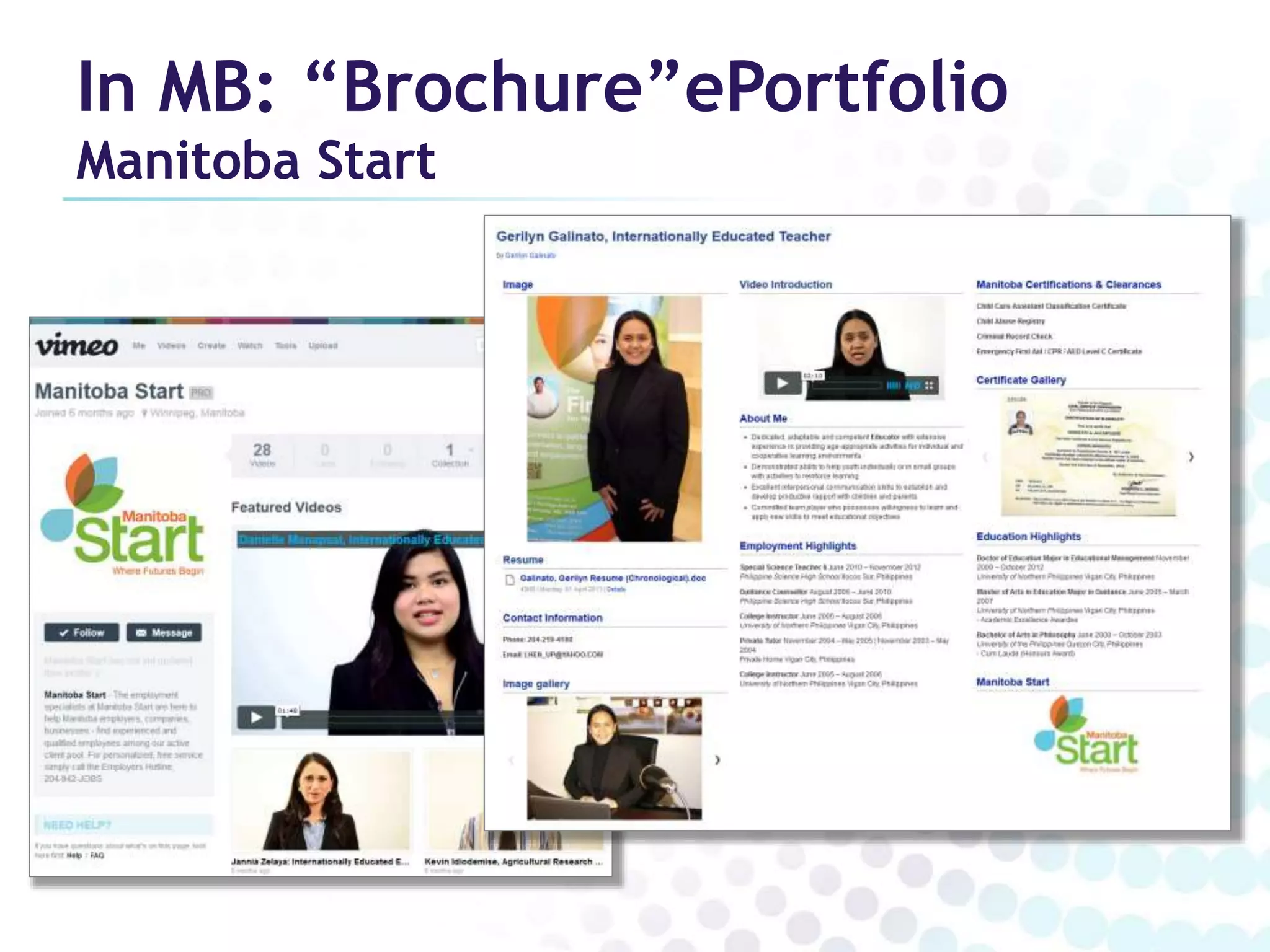 In MB: “Brochure”ePortfolio 
Manitoba Start 
 