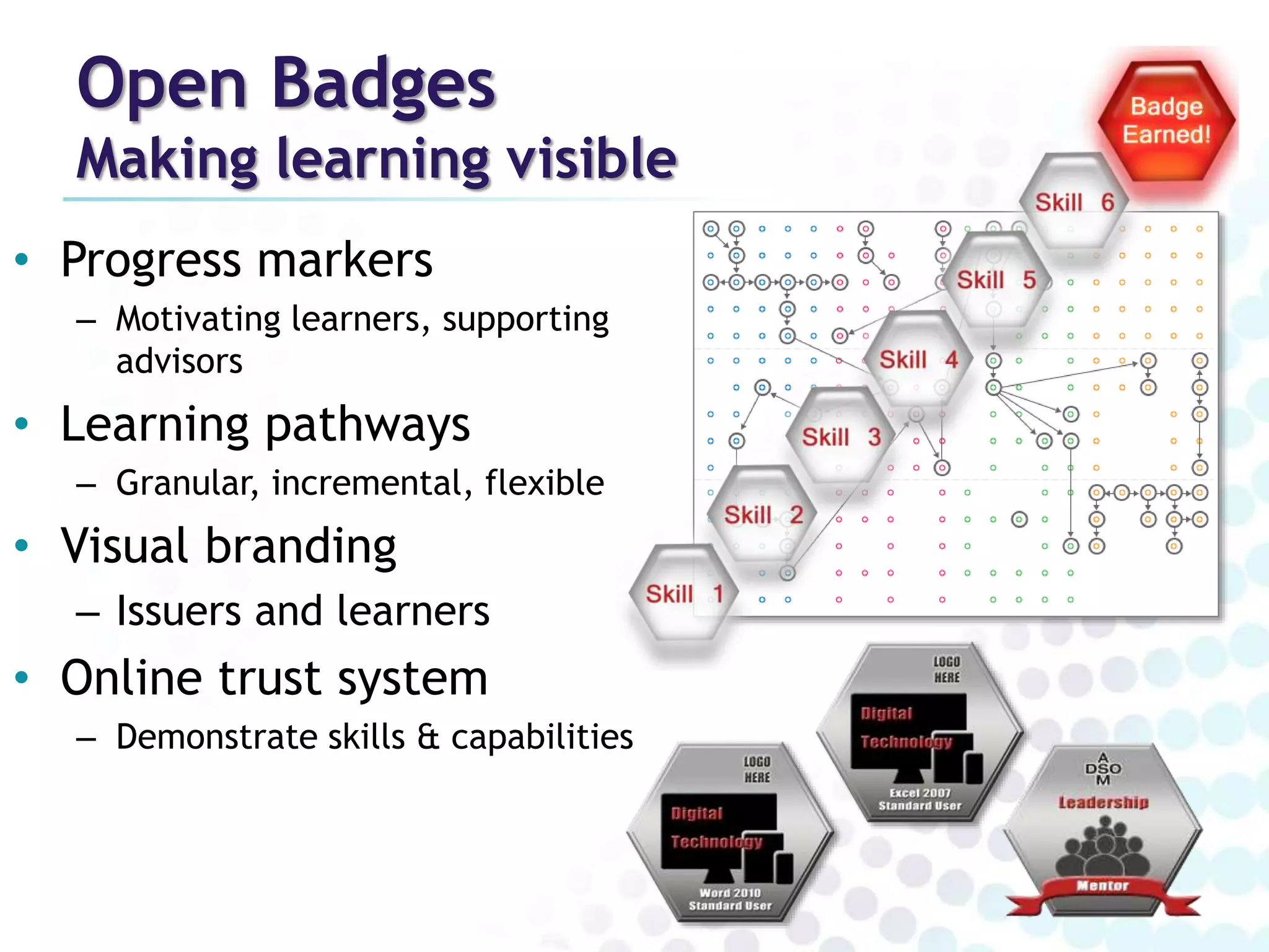 Open Badges 
Making learning visible 
• Progress markers 
– Motivating learners, supporting 
advisors 
• Learning pathways 
– Granular, incremental, flexible 
• Visual branding 
– Issuers and learners 
• Online trust system 
– Demonstrate skills & capabilities 
 