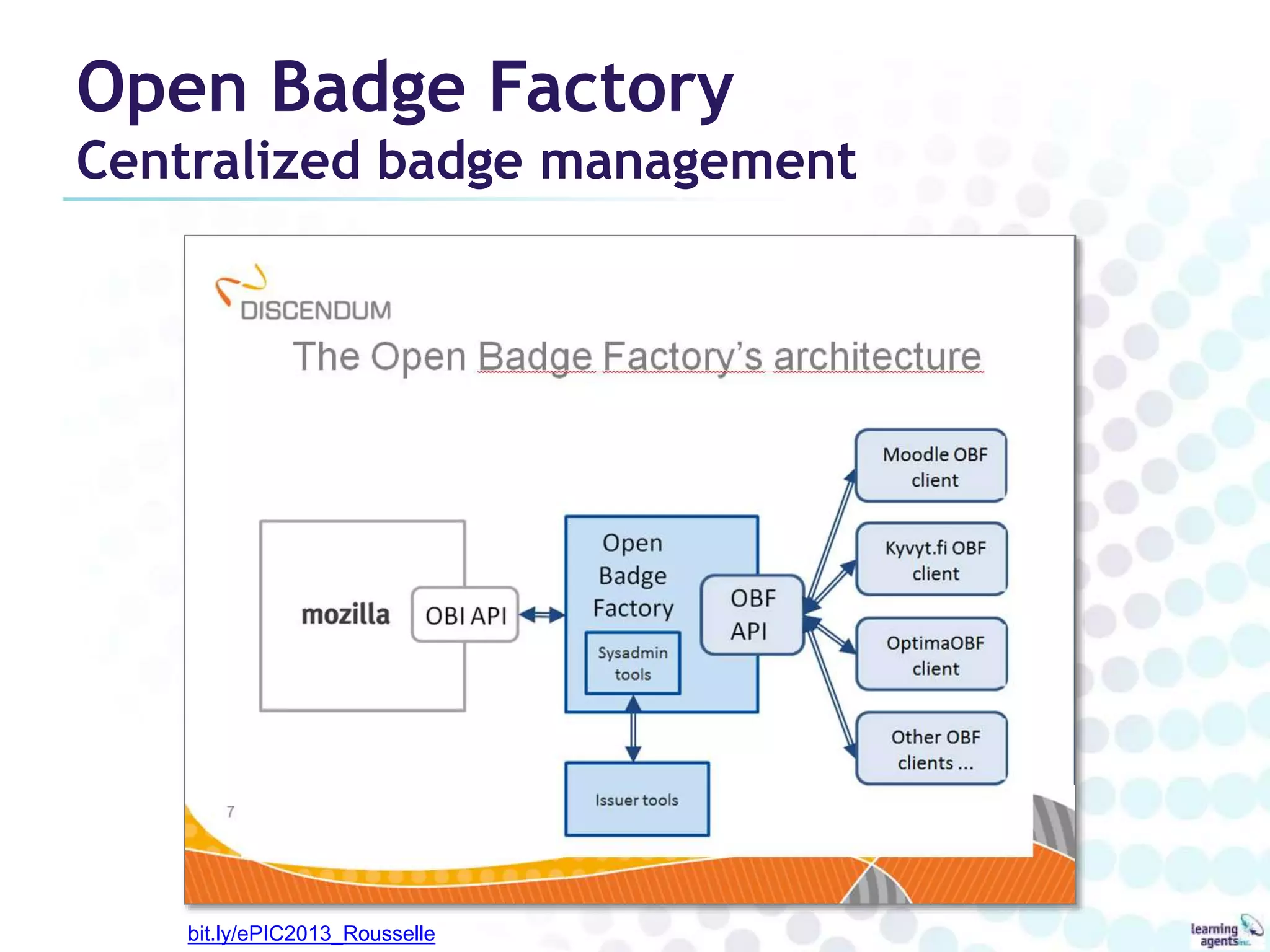 Open Badge Factory 
Centralized badge management 
bit.ly/ePIC2013_Rousselle 
 