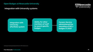From Newcastle. For the world.
Learning and Teaching Development Service (LTDS) ltds@ncl.ac.uk
25
Open Badges at Newcastle University
Integration with
University
ePortfolio system
Careers Service
administered the
awarding of NCL+
badges in 2019
Integration with University systems
Ability for other
members of staff
to award specific
badges
 