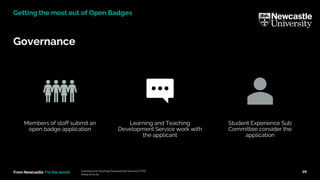 From Newcastle. For the world.
Governance
Learning and Teaching Development Service (LTDS)
ltds@ncl.ac.uk
26
Getting the most out of Open Badges
Members of staff submit an
open badge application
Learning and Teaching
Development Service work with
the applicant
Student Experience Sub
Committee consider the
application
 