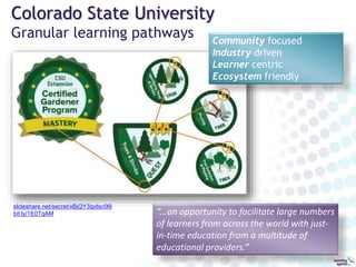 “If you add up all the time undergraduate students spend in
their four years at college, only about 8 percent of their time is
on the curricular, and 92 percent is on everything else.
....the light really went on when we saw how well the service
learning students picked up on this opportunity to earn badges
and showcase them in their eportfolios, at the same time truly
highlighting, as never before, their co-curricular experiences.”
G. Alex Ambrose
Professor of Practice, Associate
Ass. Director of ePortfolio Assessment
Kaneb Center for Teaching and Learning
University of Notre Dame
Showcasing the Co-Curricular
ePortfolios & Open Badges at Notre Dame
campustechnology.com
 