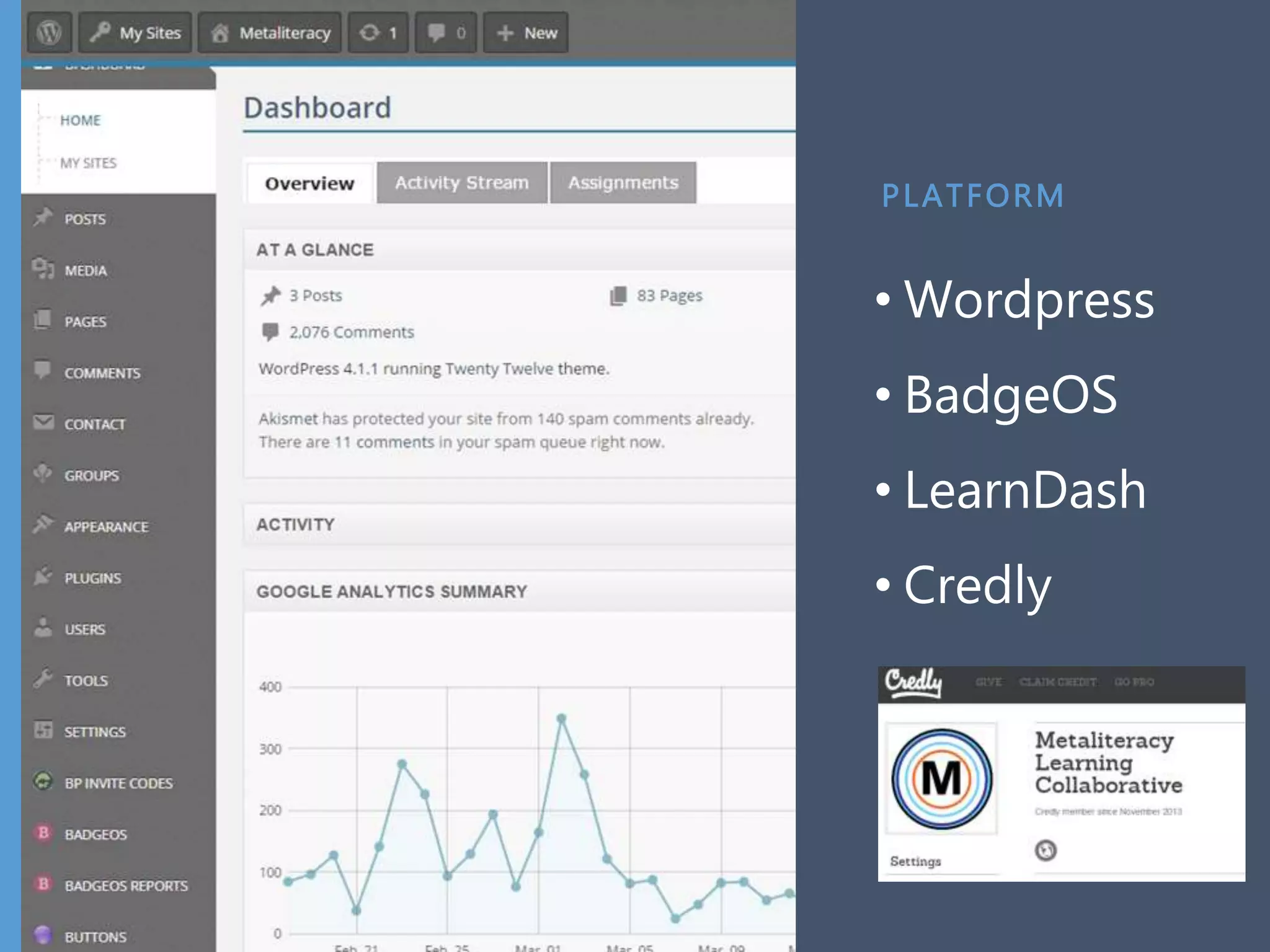 PLATFORM
• Wordpress
• BadgeOS
• LearnDash
• Credly
 
