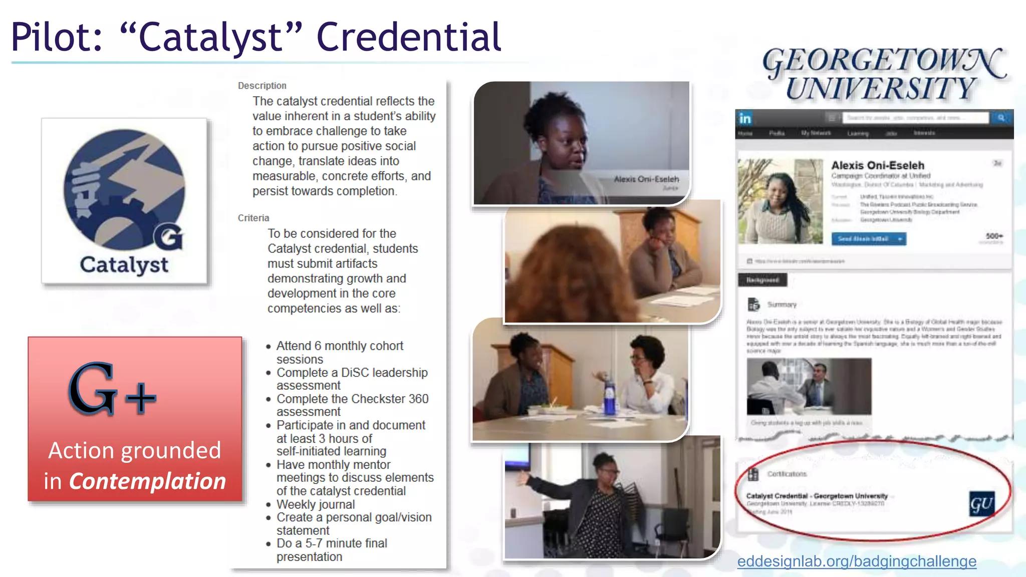 Pilot: “Catalyst” Credential
Action grounded
in Contemplation
eddesignlab.org/badgingchallenge
 