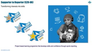 Supporter to Reporter (S2R-UK)
Transforming interests into skills
www.digitalme.co.uk/s2r
Project based learning programme that develops skills and confidence through sports reporting.
 