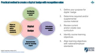 Digital
Badge
Practicalmethodtocreatea digital badgewithrecognitionvalue
1. Define your purpose for
digital badge
2. Determine required and/or
supplemental
course material
3. Review current
and/or create new
curriculum
4. Identify course learning
objectives
5. Align learning objectives
with national/employer
standards
Certifiedby
recognized
brand
Digital Credentials Institute (DCI)
madisoncollege.edu/continuing-education-badges
Articulates
marketable
skill(s)
Demonstrates
proof of learning
(rigor)
Aligns to
industry
and/or
employer
standards
 