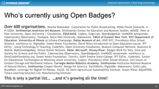 ©2013 MyKnowledgeMap Ltd
Inspired assessment learning technology
Who’s currently using Open Badges?
Over 600 organisations. Mozilla Webmaker. Corporation for Public Broadcasting. NOAA Planet Stewards. 4-
H/USDA. Smithsonian American Art Museum. Smithsonian Center for Education and Museum Studies. MOUSE. Peer to
Peer University. Open University / Cloudworks. EDUCAUSE. Codery. Gogo Lab. OpenBadgesUA. UniMOOC aemprende.
Cybersociety Observatory. Youtopia. Seton Hall University. Makewaves. YMCA of Greater New York. NYC Department of
Education. University of Illinois at Urbana-Champaign. Dallas Museum of Art. HIVE NYC. Providence After School
Alliance. workforce.io. DigitalMe. Sweet Water Foundation. David Wiley Introduction to Open Education course. IPT
EdTec – Using Technology In Teaching. Coderbits. Open University Cloudworks. Museum Computer Network. Museums &
Mobile. MyKnowledgeMap. Illinois Online Network. NASA. Microsoft. Disney-Pixar. Badges Work for Vets. Intel and
Society for Science and the Public. Cybersociety Observatory. OpenBadgesUA. UniMOOC aemprende. workforce.io.
OhioCreditFlexibility.org. Sweet Water Foundation. Tamritz. SUNY Empire State College. IPT EdTec. Coderbits. Center
for Educational Technologies at Wheeling Jesuit University. Codery. Providence After School Alliance. Girl Scouts of
Greater Chicago and Northwest Indiana. Carnegie Mellon Robotics Academy. Smithsonian Institution National Museum
of Natural History. Smithsonian Cooper-Hewitt. Design for America. EarthWorks. DigitalMe. Makewaves. GoGo Labs.
BuzzMath. Leverage for Digital On-Ramps. YALSA. UC Davis Agricultural Sustainability Institute. Sweet Water AQUAPONS.
Totara Learning Solutions Ltd. Manufacturing Institute
This is only a partial list… …and it’s growing all the time!
14
 