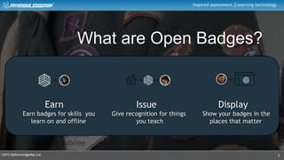 ©2013 MyKnowledgeMap Ltd
Inspired assessment learning technology
What are Open Badges?
Earn Issue Display
Earn badges for skills you Give recognition for things Show your badges in the
learn on and offline you teach places that matter
3
 