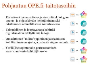 q  Keskeisenä teemana tieto- ja viestintäteknologian
opetus- ja ohjauskäytön kehittäminen sekä
edistäminen ammatillisessa koulutuksessa
q  Taloudellinen ja joustava tapa kehittää
digitalisaation edellyttämiä taitoja
q  Omaehtoinen "mikro"oppiminen ja osaamisen
kehittäminen on ajasta ja paikasta riippumatonta
q  Yksilölliset opintopolut perusosaamisen
varmistamisesta kehittäjätasolle
Pohjautuu OPE.fi-taitotasoihin
 