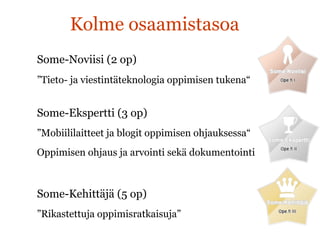 Kolme osaamistasoa
Some-Noviisi (2 op)
”Tieto- ja viestintäteknologia oppimisen tukena“
Some-Ekspertti (3 op)
”Mobiililaitteet ja blogit oppimisen ohjauksessa“
Oppimisen ohjaus ja arvointi sekä dokumentointi
Some-Kehittäjä (5 op)
”Rikastettuja oppimisratkaisuja”
 