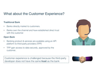 What about the Customer Experience?
Traditional Bank
• Banks directly market to customers.
• Banks own the channel and have established direct trust
with the customer
Open Bank
• Banking product & services are available using an API
platform to third-party providers (TPP)
• TPP gain access to data securely, approved by the
customer.
Customer experience is challenged because the third-party
developer does not have the same trust as the bank
 