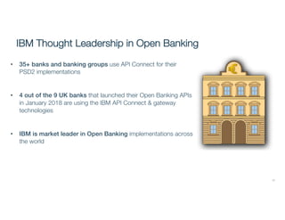 17
IBM Thought Leadership in Open Banking
• 35+ banks and banking groups use API Connect for their
PSD2 implementations
• 4 out of the 9 UK banks that launched their Open Banking APIs
in January 2018 are using the IBM API Connect & gateway
technologies
• IBM is market leader in Open Banking implementations across
the world
 
