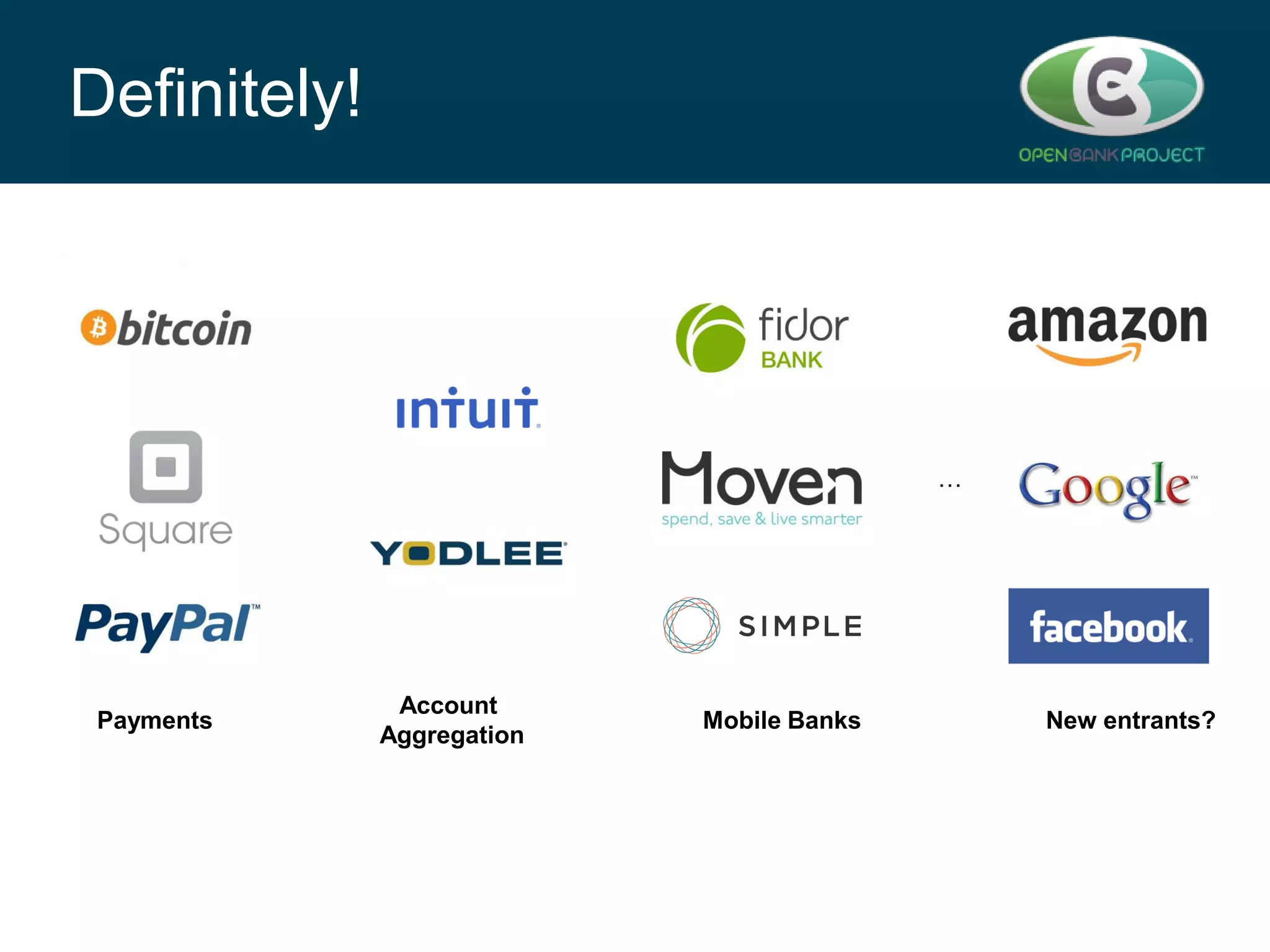 Definitely!

…

Payments

Account
Aggregation

Mobile Banks

New entrants?

 