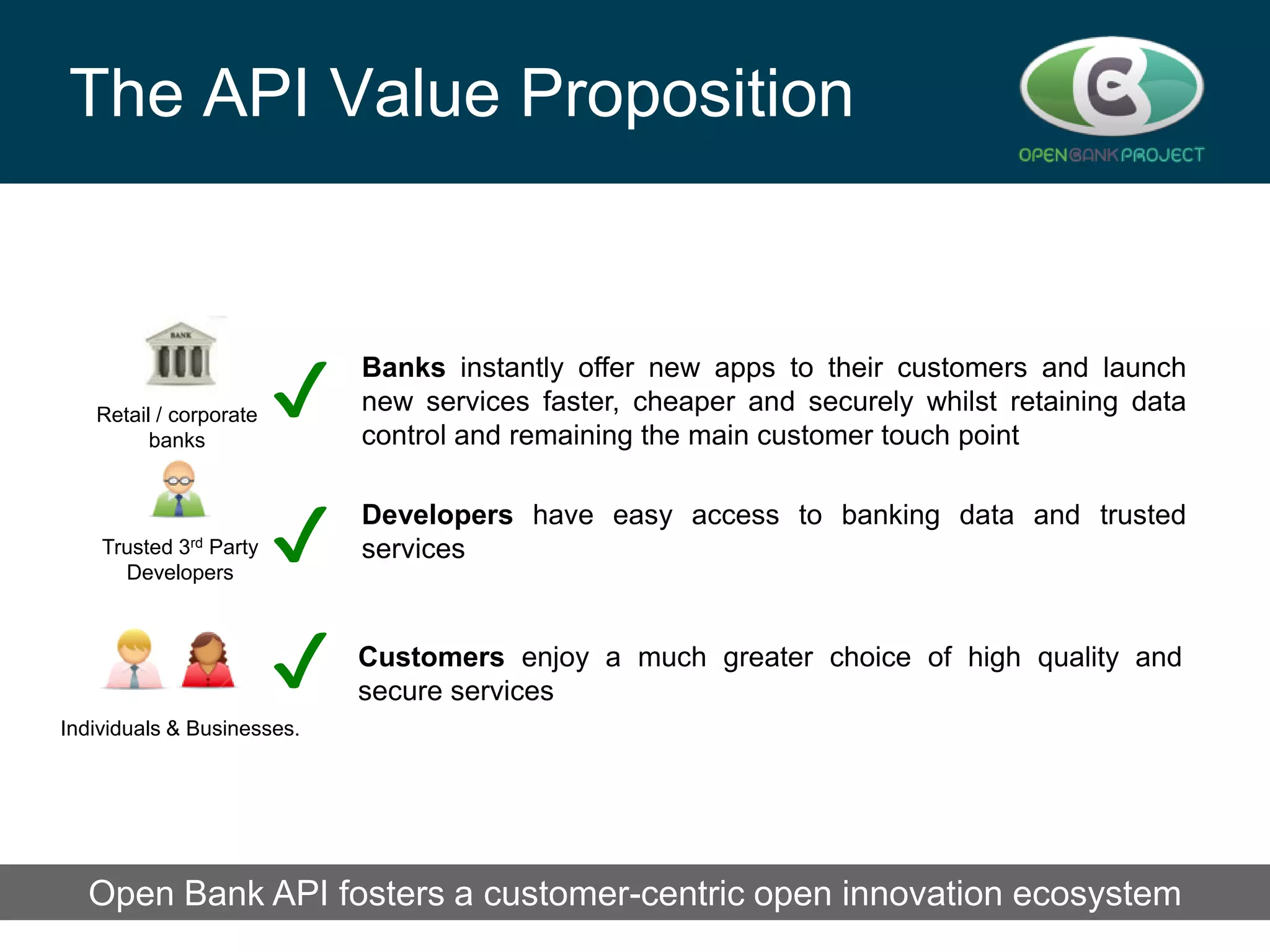 The API Value Proposition

Retail / corporate
banks

✔

Banks instantly offer new apps to their customers and launch
new services faster, cheaper and securely whilst retaining data
control and remaining the main customer touch point

Trusted
Party
Developers

✔

Developers have easy access to banking data and trusted
services

✔

3rd

Customers enjoy a much greater choice of high quality and
secure services

Individuals & Businesses.

Open Bank API fosters a API to create better customer relationships
Banks can leverage the OBPcustomer-centric open innovation ecosystem

 