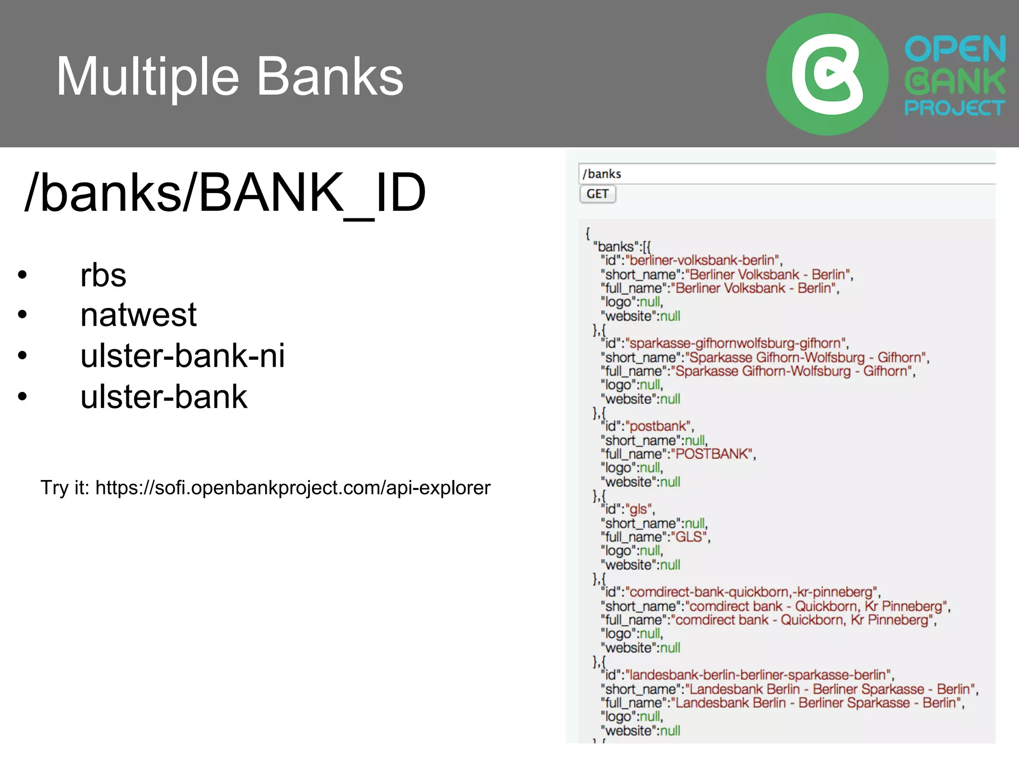 Multiple Banks
/banks/BANK_ID
Try it: https://sofi.openbankproject.com/api-explorer
•  rbs
•  natwest
•  ulster-bank-ni
•  ulster-bank
 