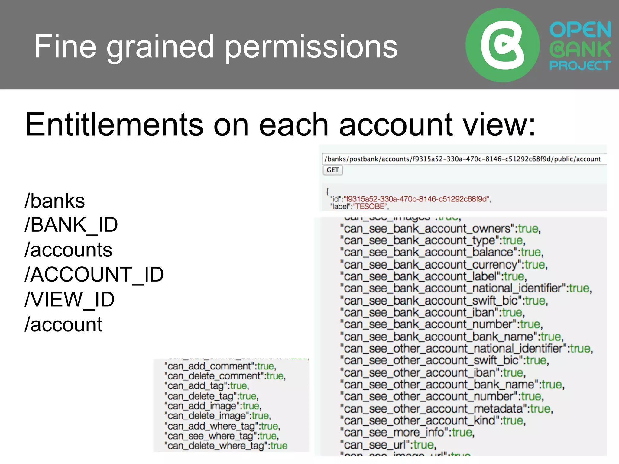 Fine grained permissions
Entitlements on each account view:
/banks
/BANK_ID
/accounts
/ACCOUNT_ID
/VIEW_ID
/account
 