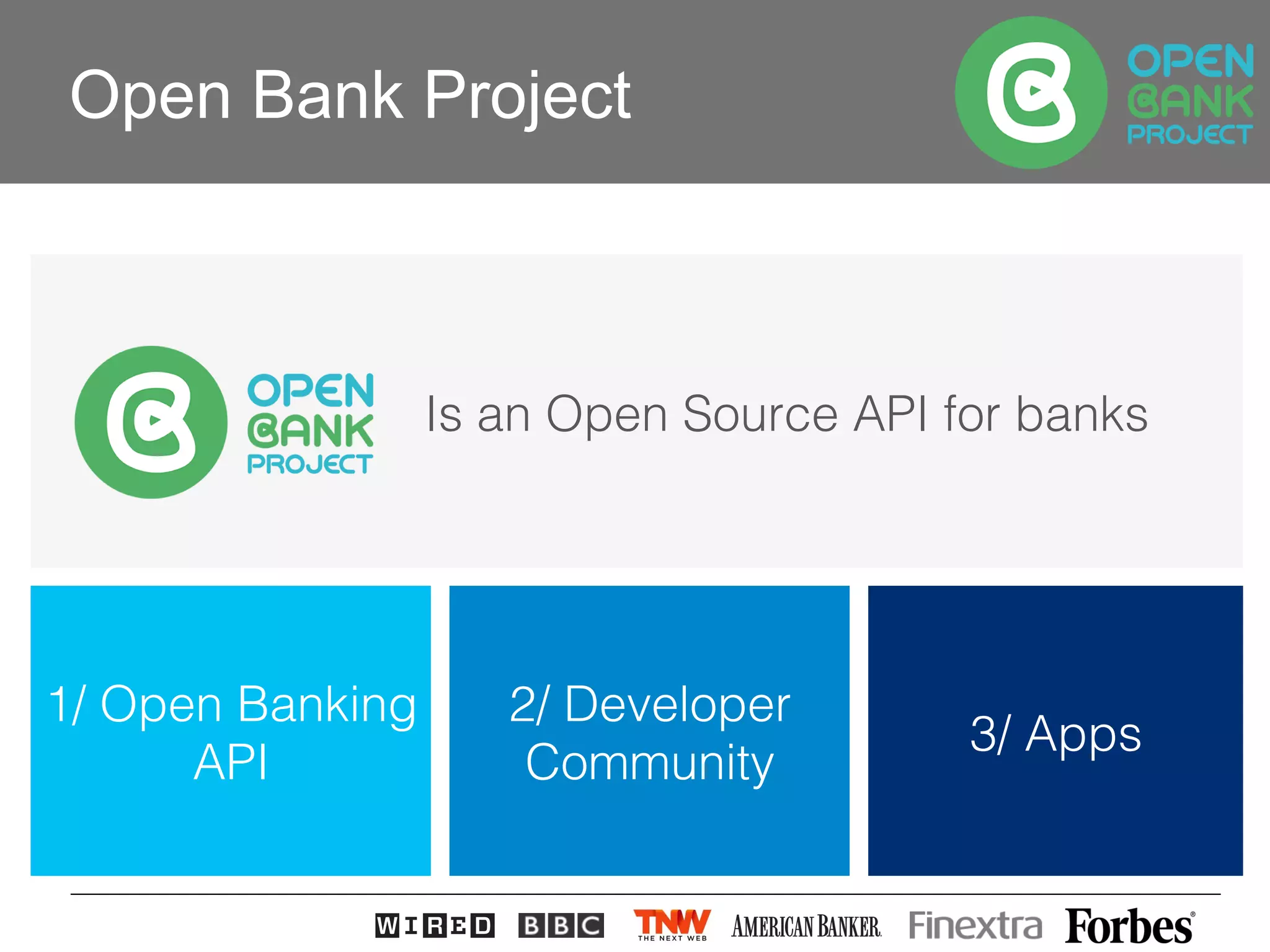 The Open Bank Project
Is an Open Source API for banks!
1/ Open Banking
API!
2/ Developer !
Community!
3/ Apps!
Open Bank Project
 