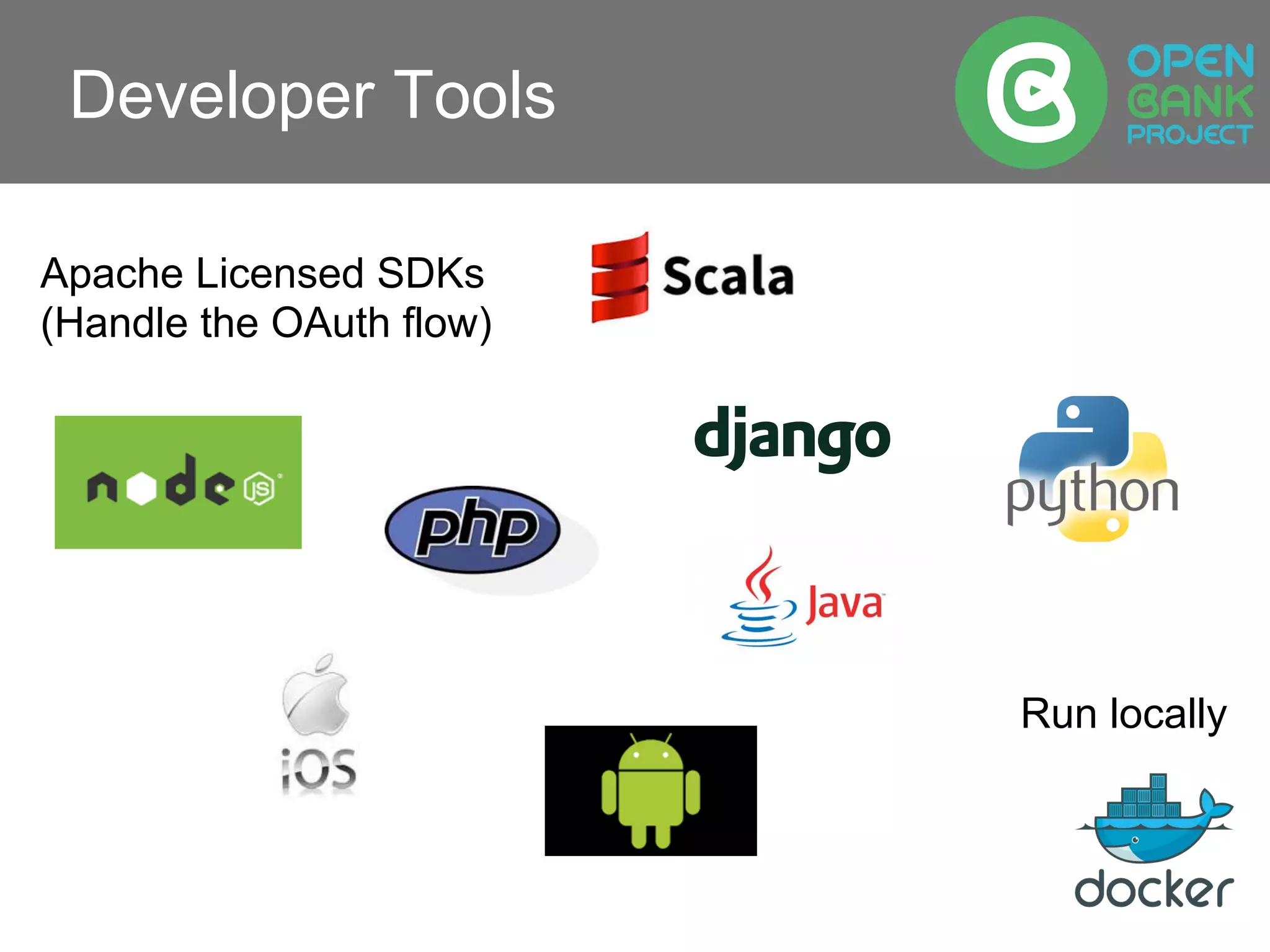Developer Tools
Apache Licensed SDKs
(Handle the OAuth flow)
Run locally
 