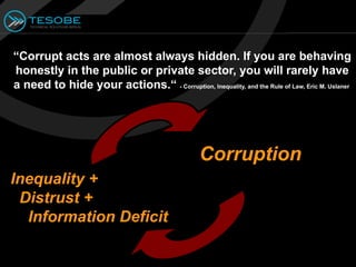 “Corrupt acts are almost always hidden. If you are behaving
honestly in the public or private sector, you will rarely have
a need to hide your actions.“ - Corruption, Inequality, and the Rule of Law, Eric M. Uslaner




                                                  Corruption
Inequality +
 Distrust +
  Information Deficit
 