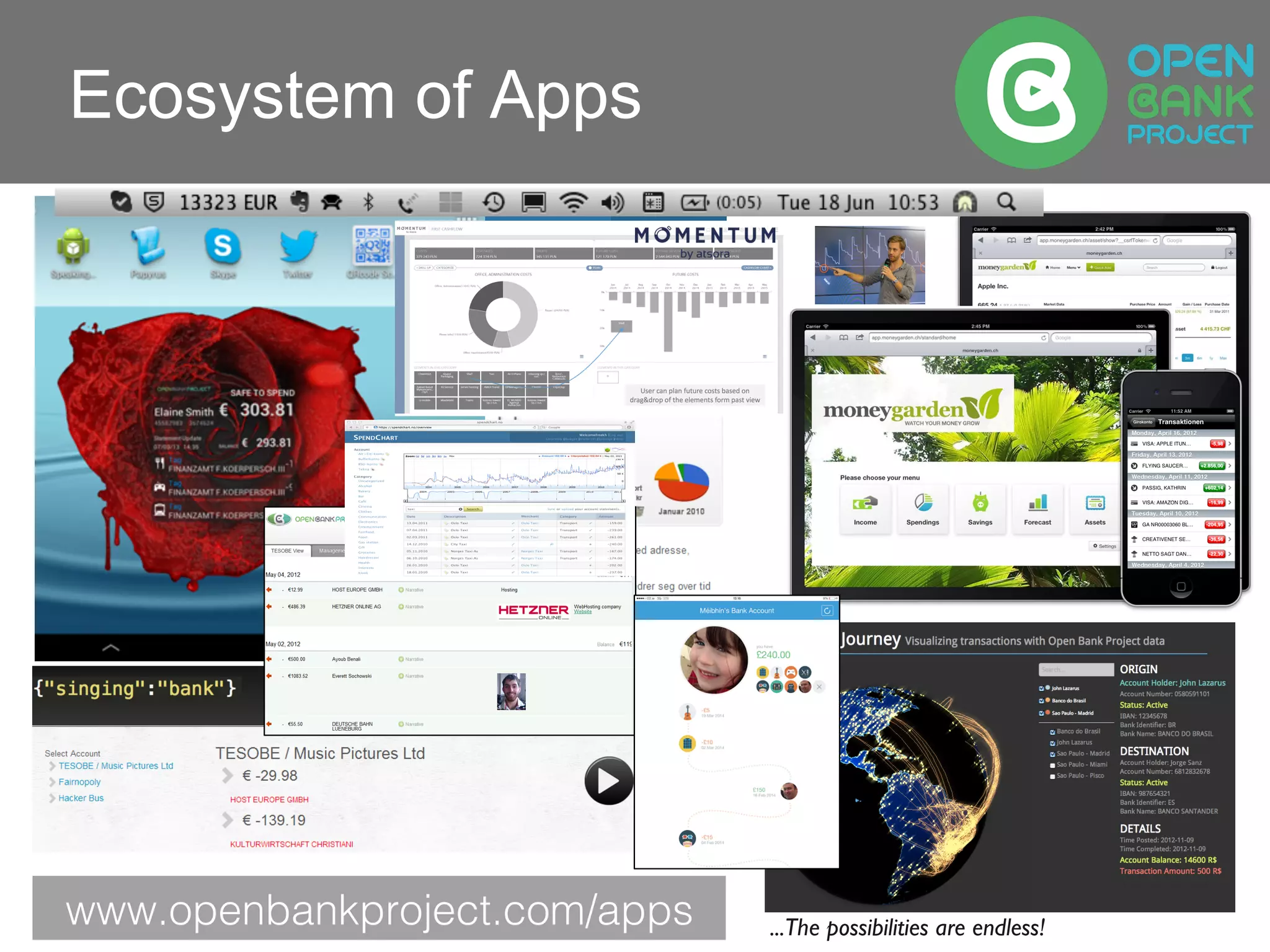 Ecosystem of Apps
...The possibilities are endless!www.openbankproject.com/apps!
 