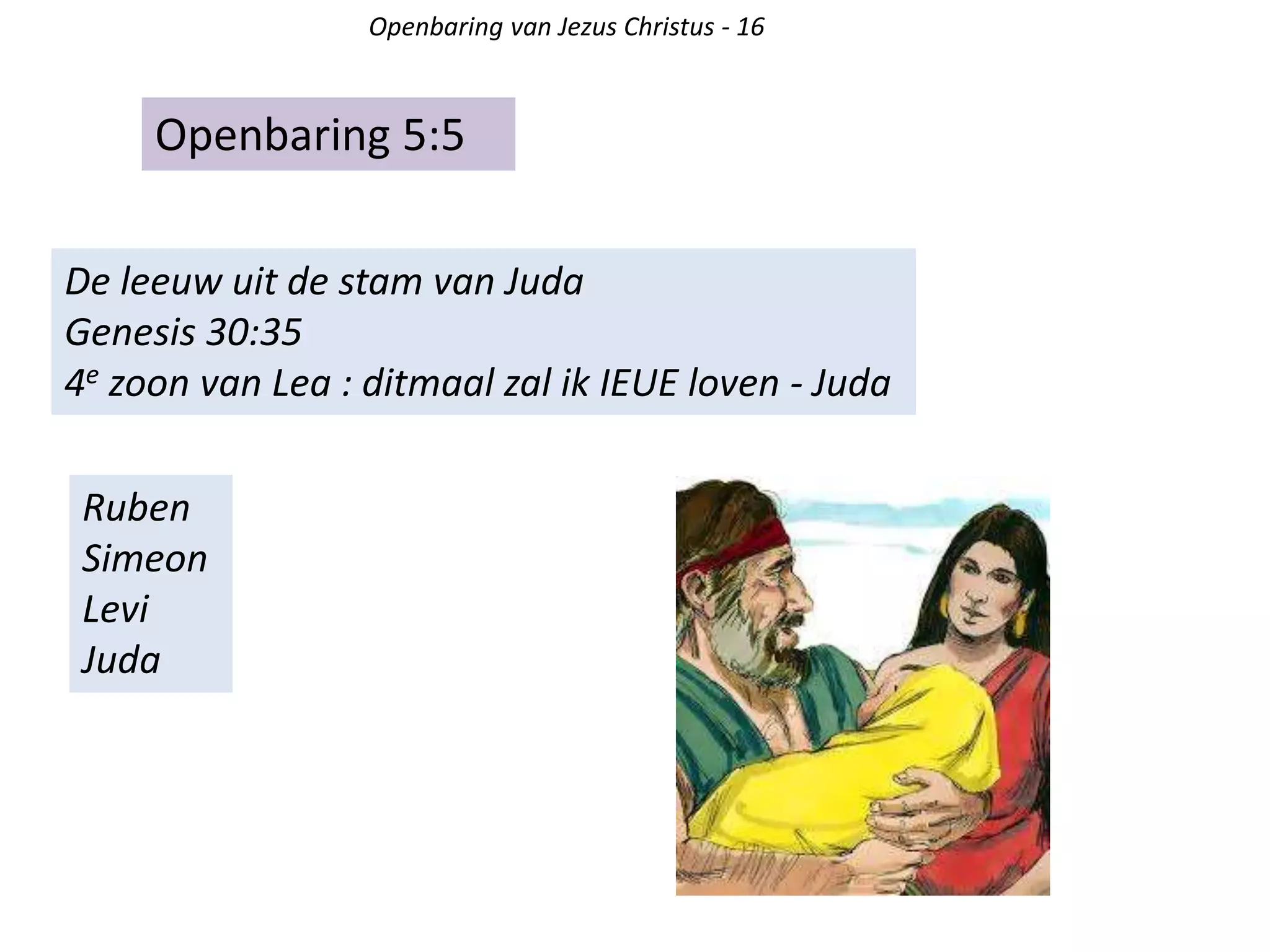 Openbaring 5:5
Openbaring van Jezus Christus - 16
De leeuw uit de stam van Juda
Genesis 30:35
4e zoon van Lea : ditmaal zal ik IEUE loven - Juda
Ruben
Simeon
Levi
Juda
 