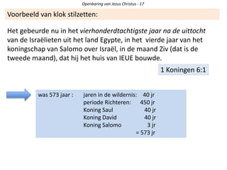 Openbaring van Jezus Christus - 17
Voorbeeld van klok stilzetten:
1 Koningen 6:1
Het gebeurde nu in het vierhonderdtachtigste jaar na de uittocht
van de Israëlieten uit het land Egypte, in het vierde jaar van het
koningschap van Salomo over Israël, in de maand Ziv (dat is de
tweede maand), dat hij het huis van IEUE bouwde.
was 573 jaar : jaren in de wildernis: 40 jr
periode Richteren: 450 jr
Koning Saul 40 jr
Koning David 40 jr
Koning Salomo 3 jr
= 573 jr
 