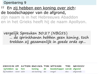 Openbaring 9
11 En zij hebben een koning over zich:
de boodschapper van de afgrond,
zijn naam is in het Hebreeuws Abaddon
en in het Grieks heeft hij de naam Apollyon.
vergelijk Spreuken 30:27 (NBG51)
... de sprinkhanen hebben geen koning, toch
trekken zij gezamenlijk in goede orde op...
 