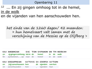 Openbaring 11
12 ... En zij gingen omhoog tot in de hemel,
in de wolk
en de vijanden van hen aanschouwden hen.
het einde van de 1260 dagen/ 42 maanden:
= hun hemelvaart valt samen met de
verschijning van de Messias op de Olijfberg >
 