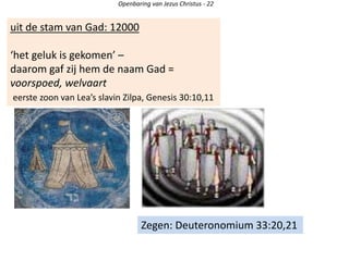 uit de stam van Gad: 12000
‘het geluk is gekomen’ –
daarom gaf zij hem de naam Gad =
voorspoed, welvaart
eerste zoon van Lea’s slavin Zilpa, Genesis 30:10,11
Openbaring van Jezus Christus - 22
Zegen: Deuteronomium 33:20,21
 